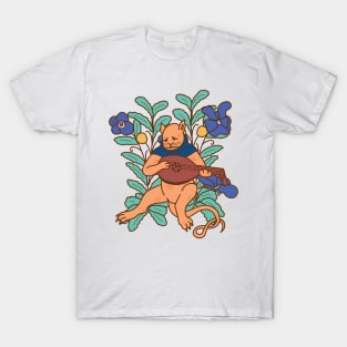 Cute Sad Medieval Cat with Lute Colorful Drawing T-Shirt